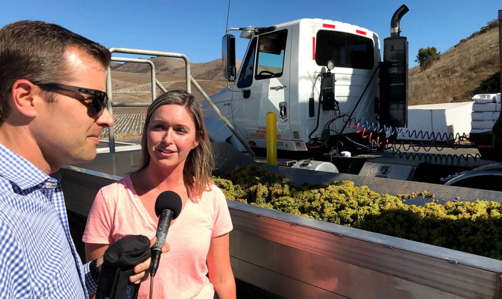 ABC News' Alex Stone (left) talks with winemaker Jill Russell (right) at Cambria Estate Vineyard and Winery in Santa Maria, California.