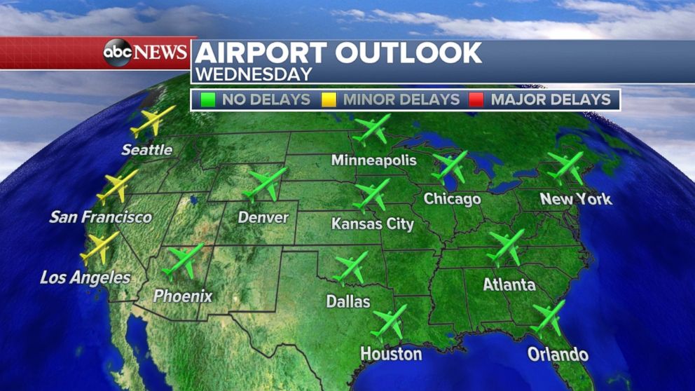 PHOTO: Wednesday's forecasted airport delays across the country.
