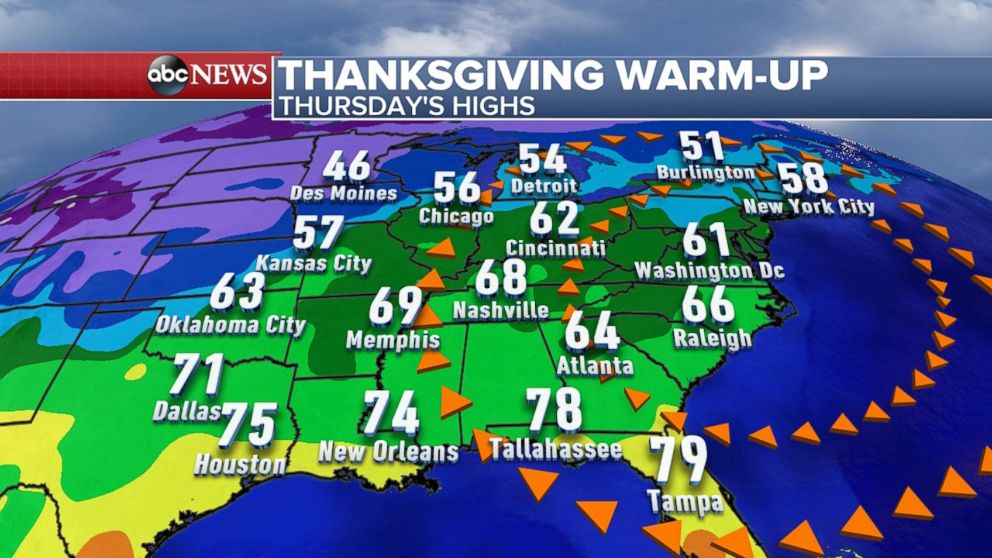 PHOTO: Comfortable and mild temperatures are forecasted in the east on Thanksgiving, Nov. 26, 2015.