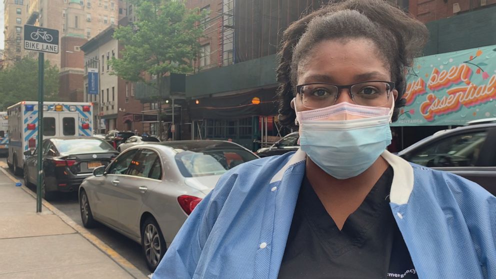 Lenox Hill Hospital worker Yvette Courts is seen here during an interview with ABC News.