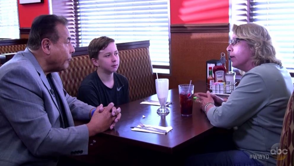 "What Would You Do?" host John Quinones interviews a mother and son who got involved in the segment.