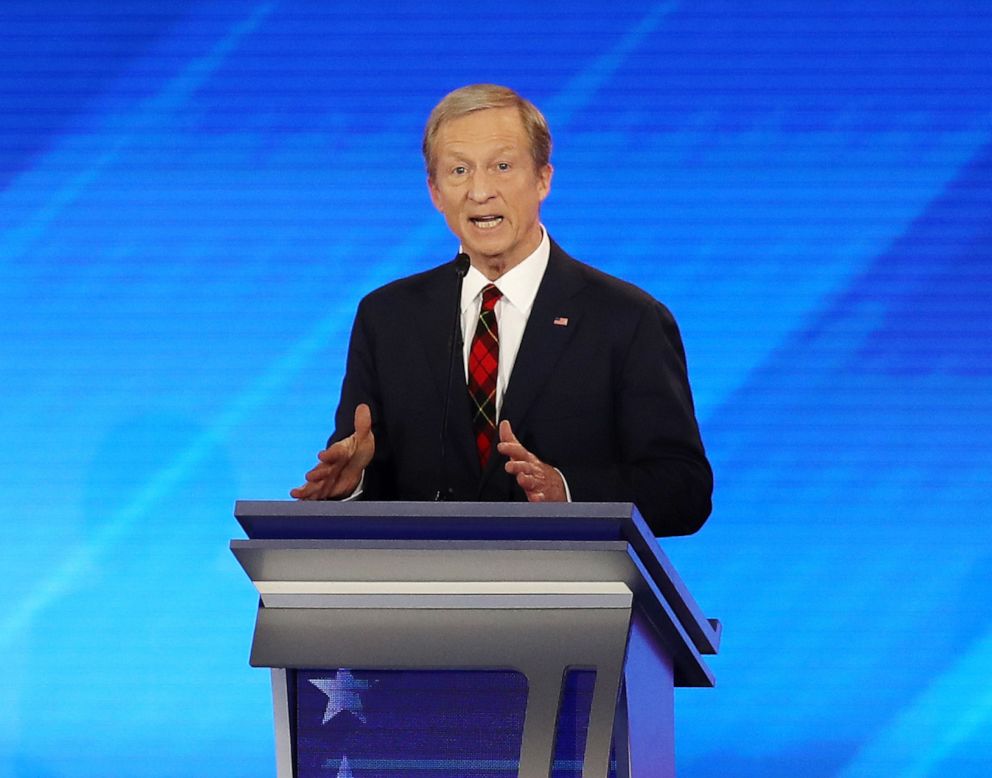 PHOTO: Democratic presidential candidate Tom Steyer participates in the Democratic presidential primary debate in the Sullivan Arena at St. Anselm College on February 07, 2020 in Manchester, New Hampshire.
