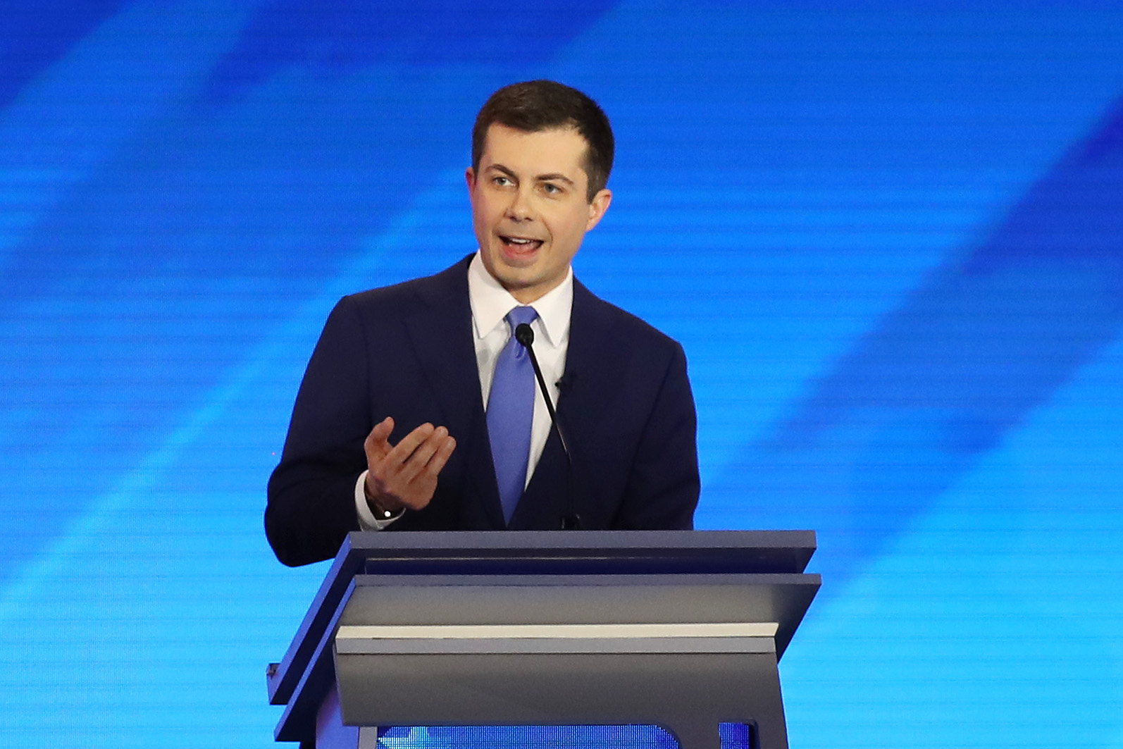 PHOTO: Democratic presidential candidate former South Bend, Indiana Mayor Pete Buttigieg participates in the Democratic presidential primary debate in the Sullivan Arena at St. Anselm College on February 07, 2020 in Manchester, New Hampshire.