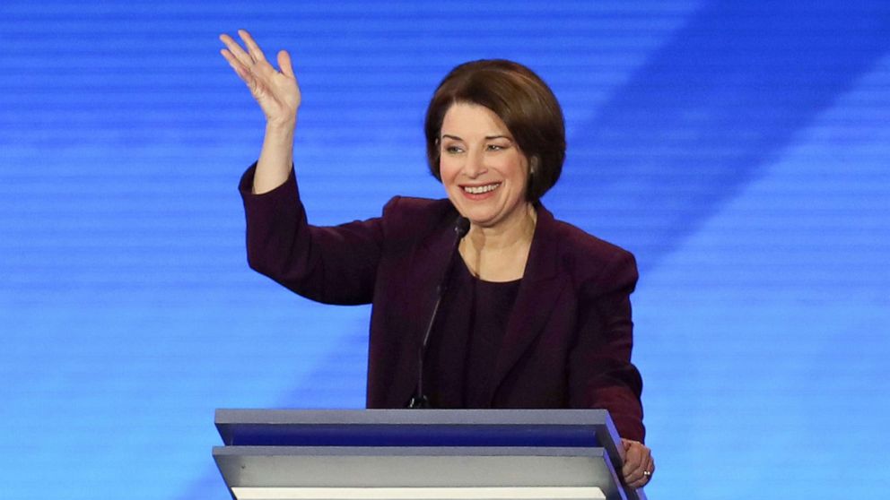 PHOTO: Sen. Amy Klobuchar participates in the Democratic presidential primary debate in the Sullivan Arena at St. Anselm College on February 07, 2020 in Manchester, New Hampshire.