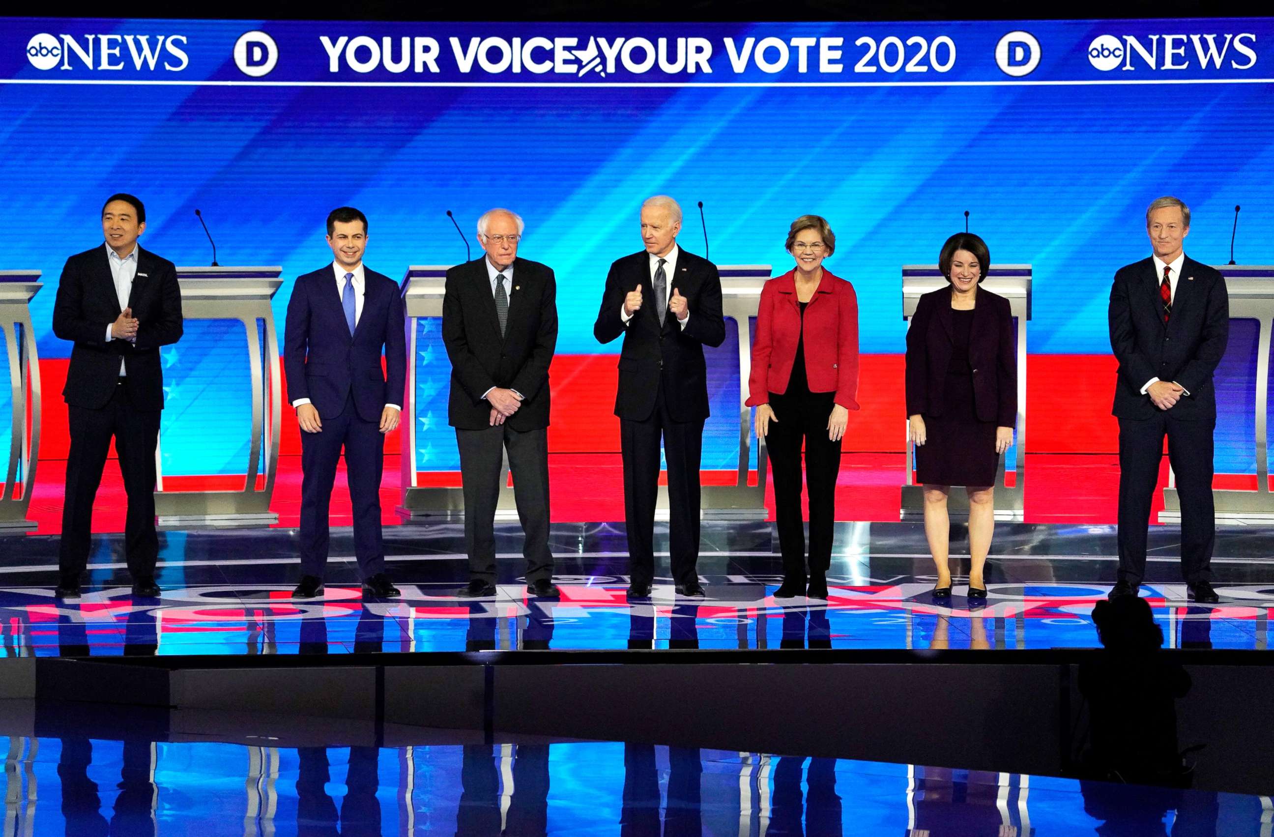 PHOTO: Democratic 2020 U.S. presidential candidates Andrew Yang, Mayor Pete Buttigieg, Senator Bernie Sanders, former Vice President Joe Biden, Senator Elizabeth Warren, Senator Amy Klobuchar and billionaire activist Tom Steyer pose.