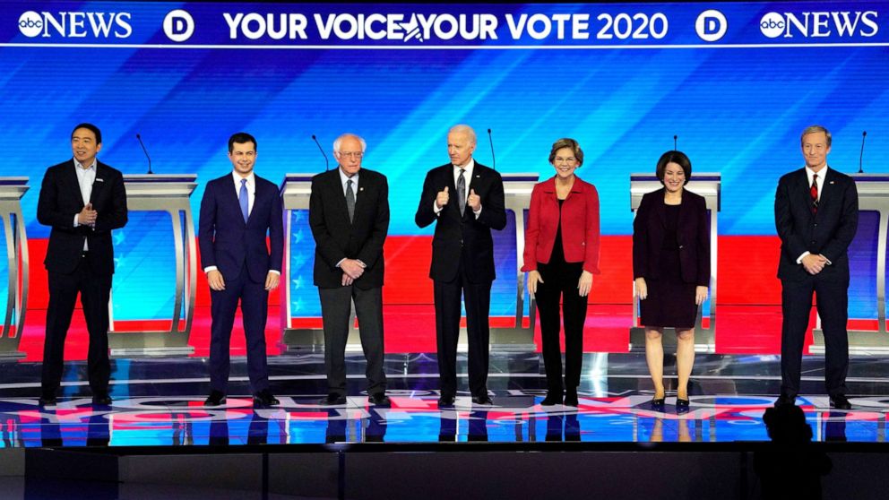 PHOTO: Democratic 2020 U.S. presidential candidates Andrew Yang, Mayor Pete Buttigieg, Senator Bernie Sanders, former Vice President Joe Biden, Senator Elizabeth Warren, Senator Amy Klobuchar and billionaire activist Tom Steyer pose.