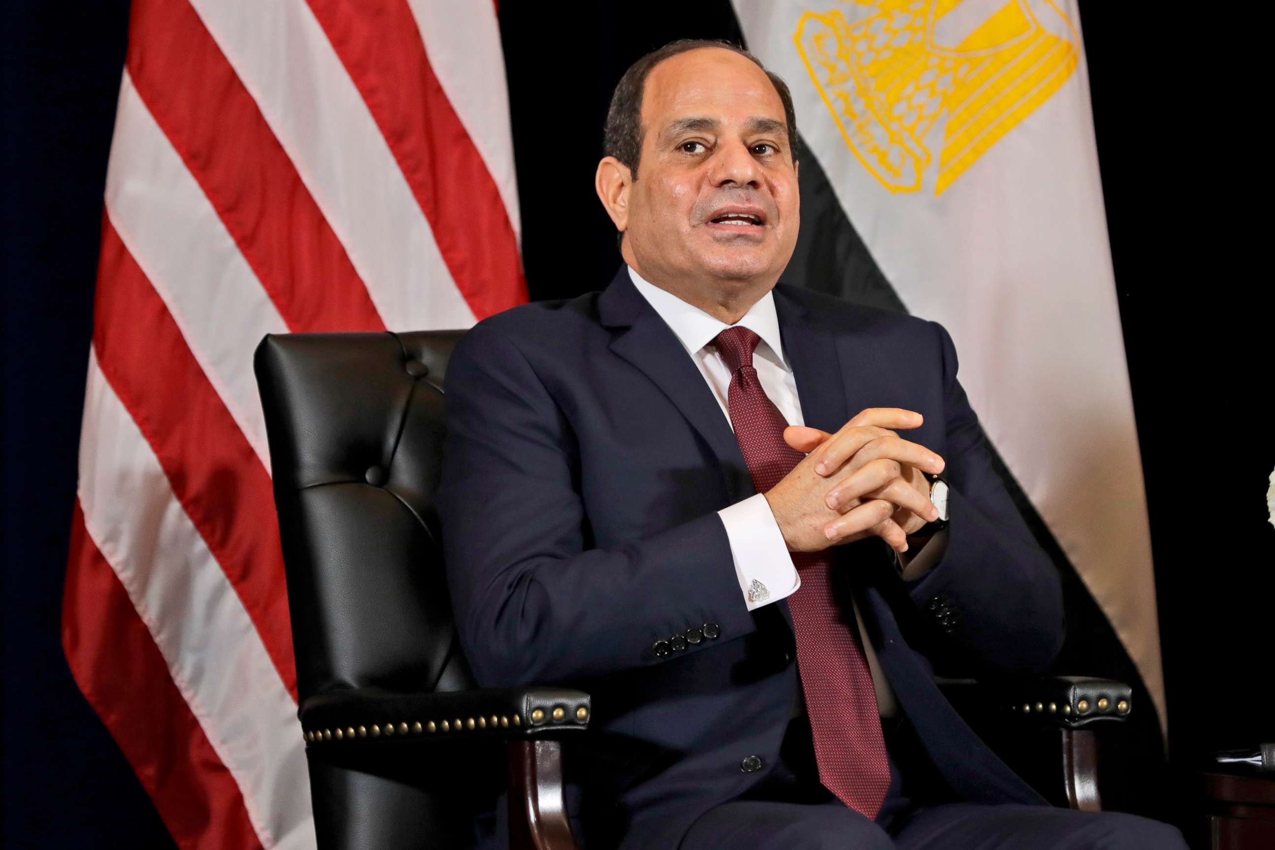PHOTO: Egyptian President Abdel-Fattah el-Sisi speaks as he meets with President Donald Trump at the InterContinental Barclay hotel during the United Nations General Assembly, Sept. 23, 2019, in New York.