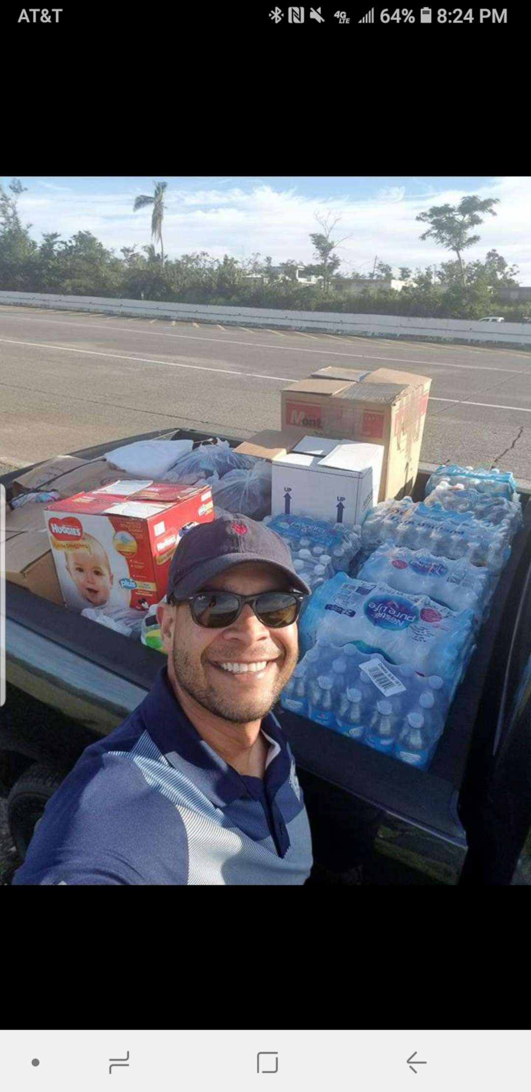 Abel Arocho with supplies he and others collected for hurricane victims in Puerto Rico, January 2018.