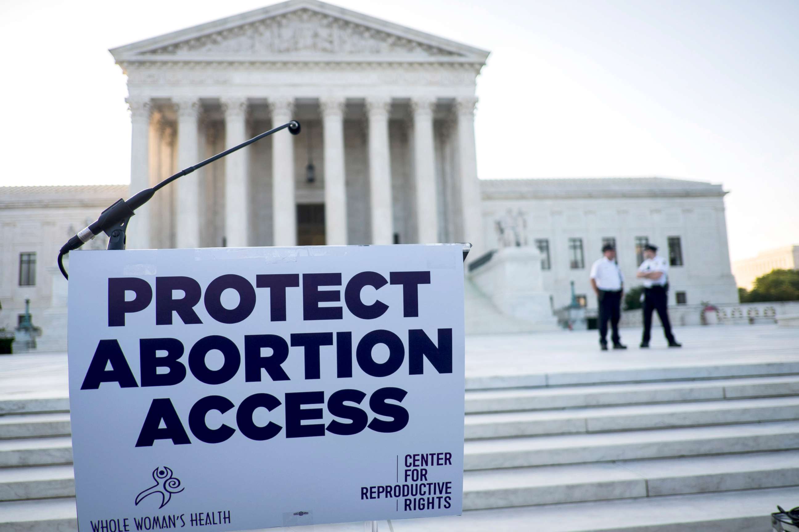 PHOTO: A podium awaits pro-choice speakers in front of the Supreme Court, June 27, 2016, in Washington, D.C. A ruling is expected in Whole Woman's Health v. Hellerstedt, a Texas case the places restrictions on abortion clinics.
