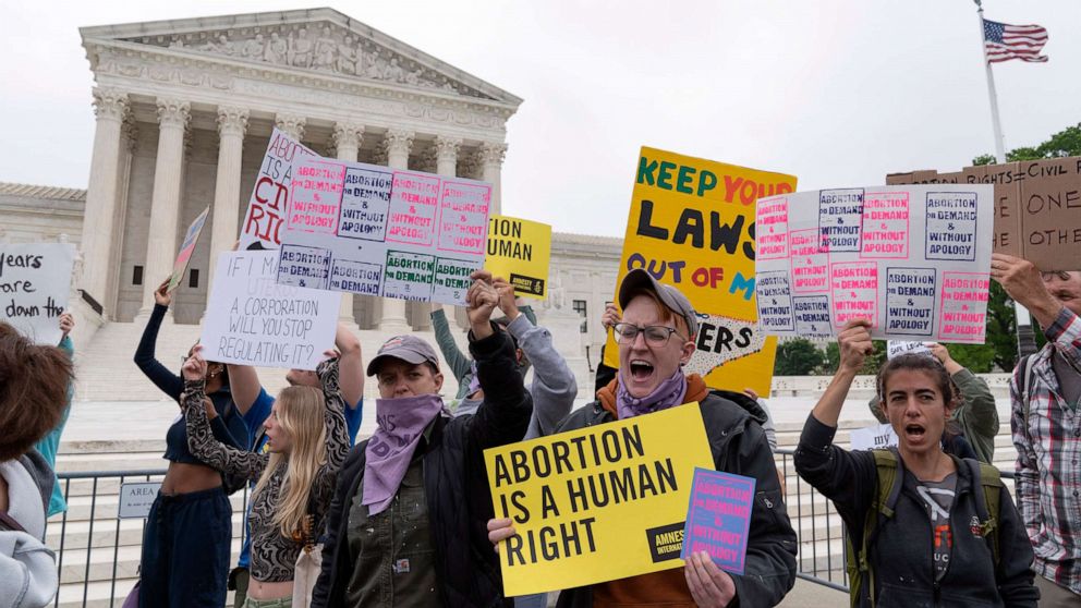 PHOTO: Demonstrators protest outside of the U.S. Supreme Court on May 3, 2022, in Washington, D.C.