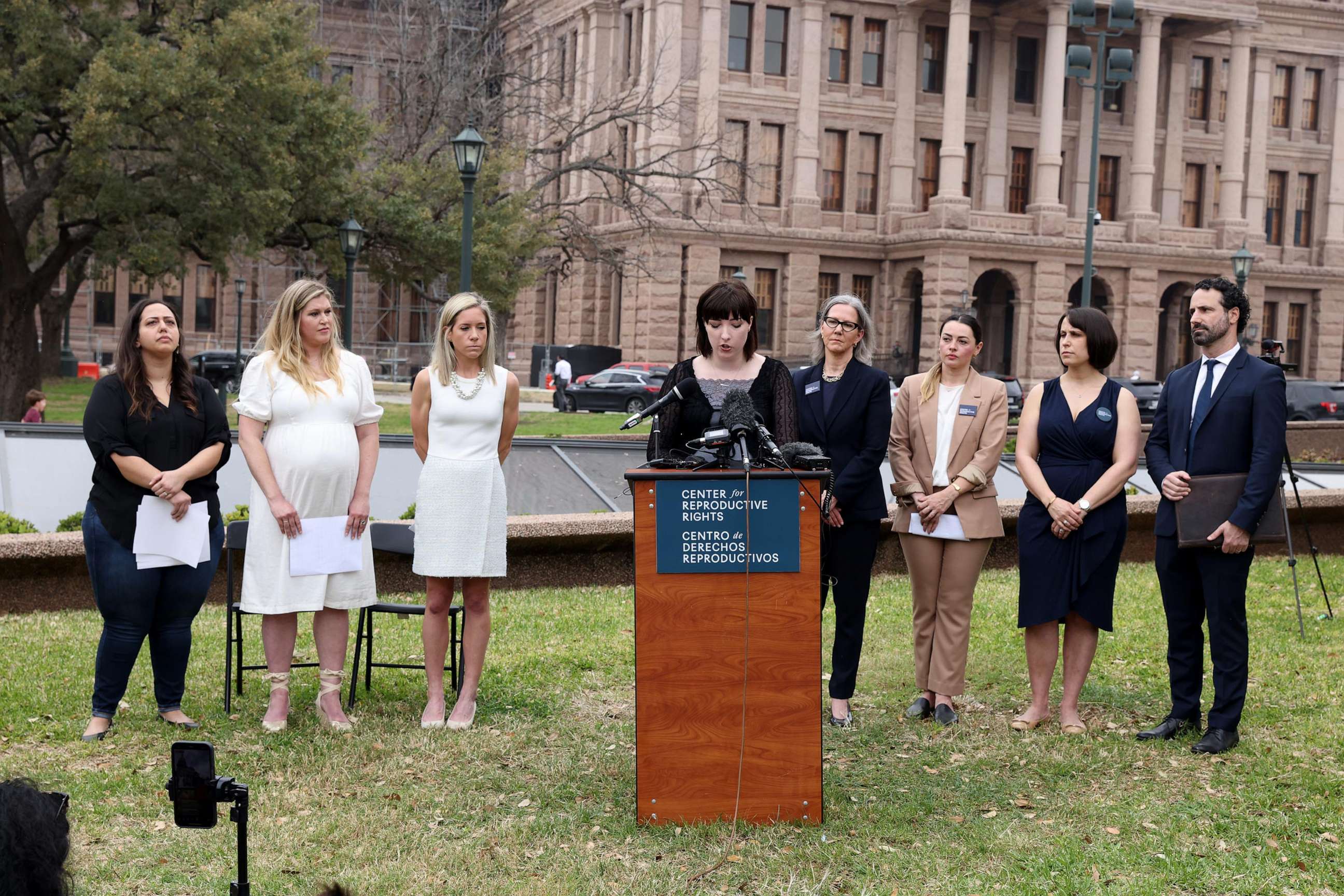 PHOTO: In this March 7, 2023, file photo, plaintiffs and lawyers appear at the Texas State Capitol after filing a lawsuit on behalf of Texans harmed by the state's abortion ban, in Austin, Texas.