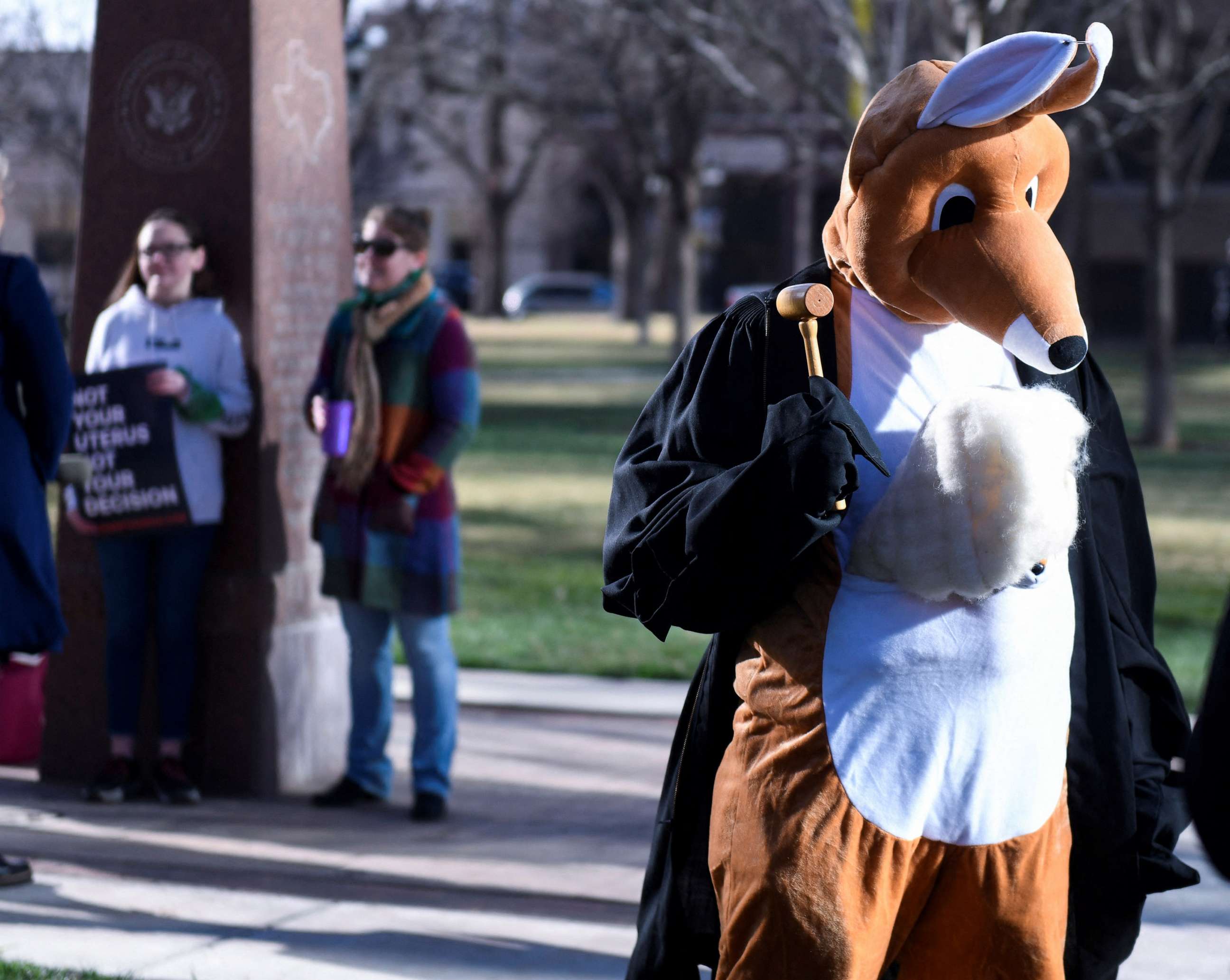 PHOTO: Jaime Cruz bangs a gavel in a kangaroo costume outside of the Federal Courthouse against Alliance for Hippocratic Medicine to pull mifepristone, a drug used in medication abortion, off the market in Amarillo, Texas, March 15, 2023.