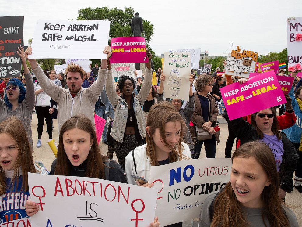 PHOTO: Demonstrators take part in a protest against abortion bans, Tuesday, May 21, 2019, at the state Capitol in St. Paul, Minn.