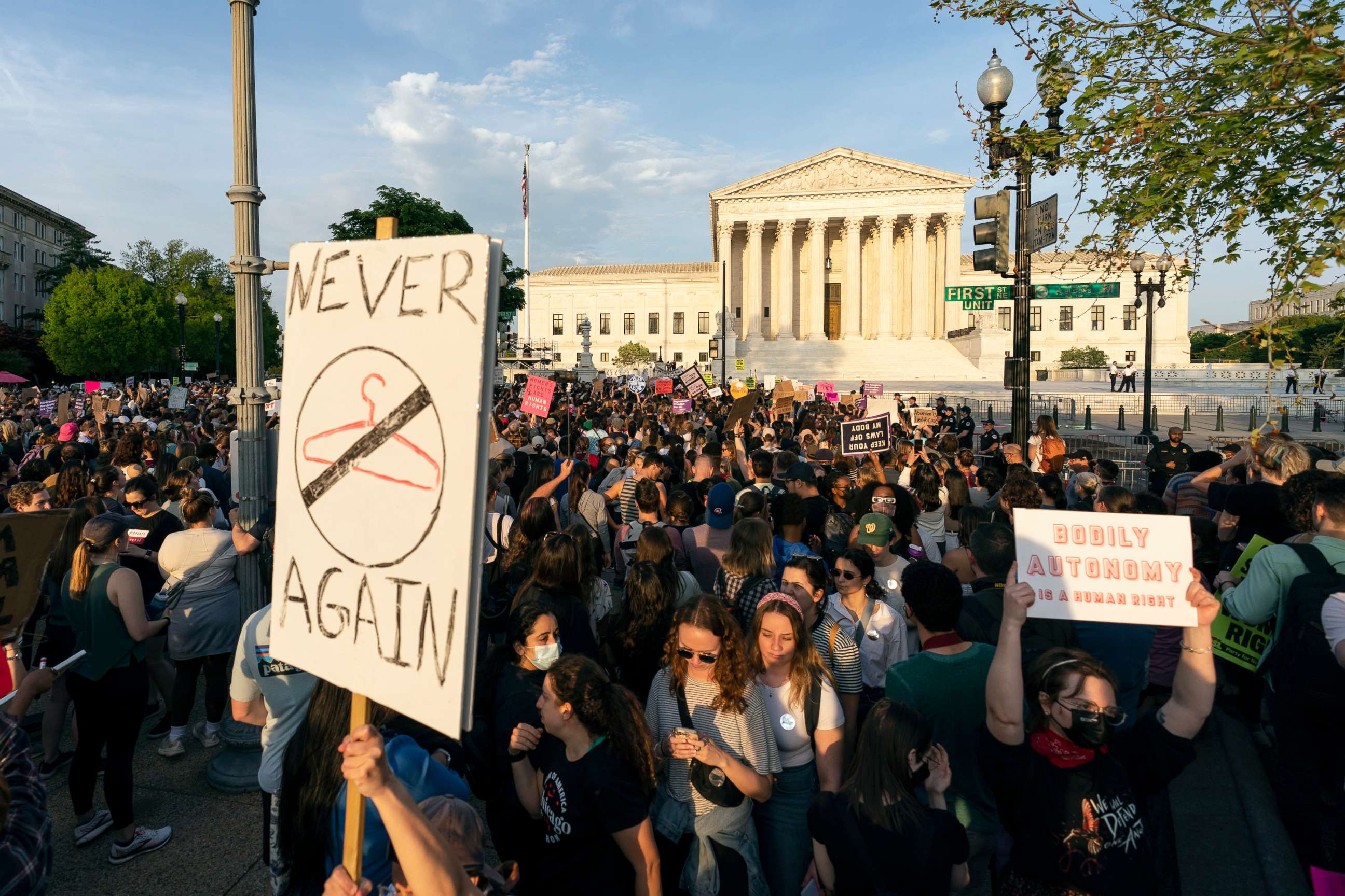 PHOTO: Demonstrators protest outside of the U.S. Supreme Court, May 3, 2022 in Washington.