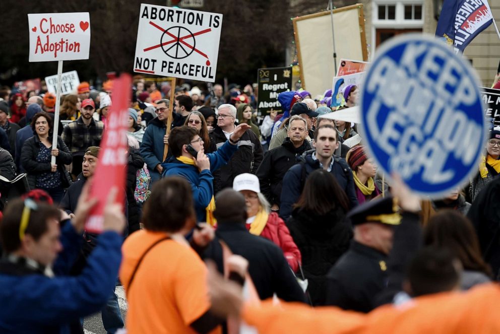 PHOTO: Abortion rights advocates and opponents gather in front of the the U.S. Supreme Court during the 47th annual March for Life on Jan. 24, 2020, in Washington.