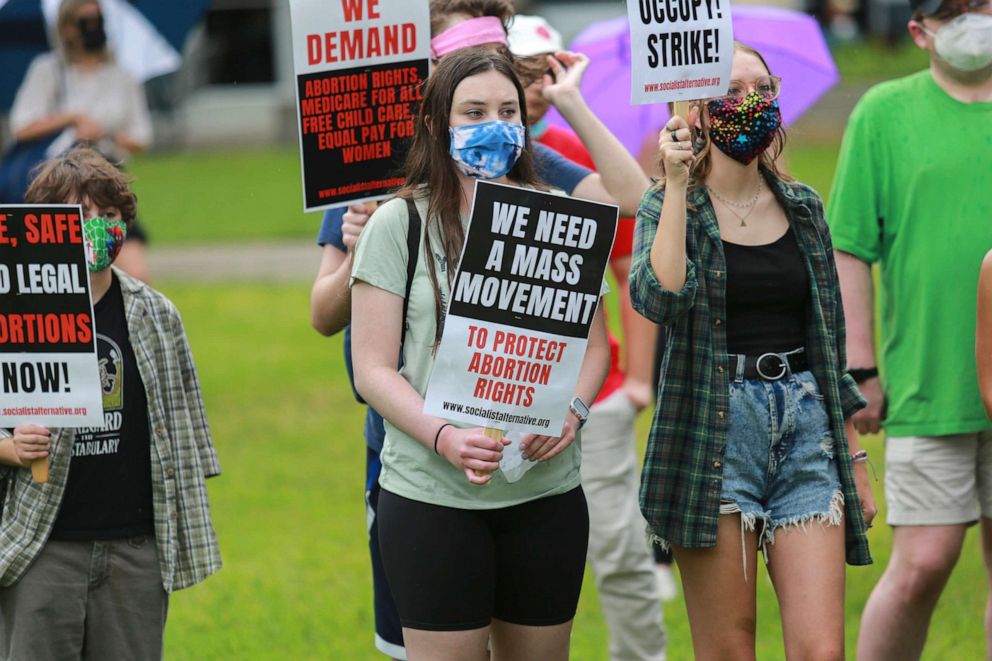 PHOTO: Students of University of Houston walked out of their classes on Sept. 30th, 2021, and gathered in the rain to stage a demonstration in opposition of Texas Senate Bill 8 which bans all abortion after six weeks of pregnancy.