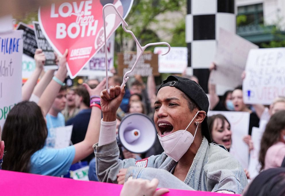 PHOTO: Hoosiers gathered to protest the leaked opinion of the Supreme Court on considering overturning the ruling of abortions on May 4, 2022, at Monument Circle in Indianapolis.