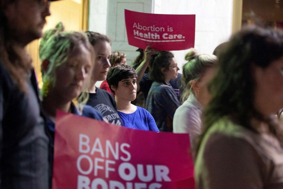 PHOTO: Pro-abortion rights demonstrators gather outside the legislative building in Raleigh, North Carolina, May 16, 2023.