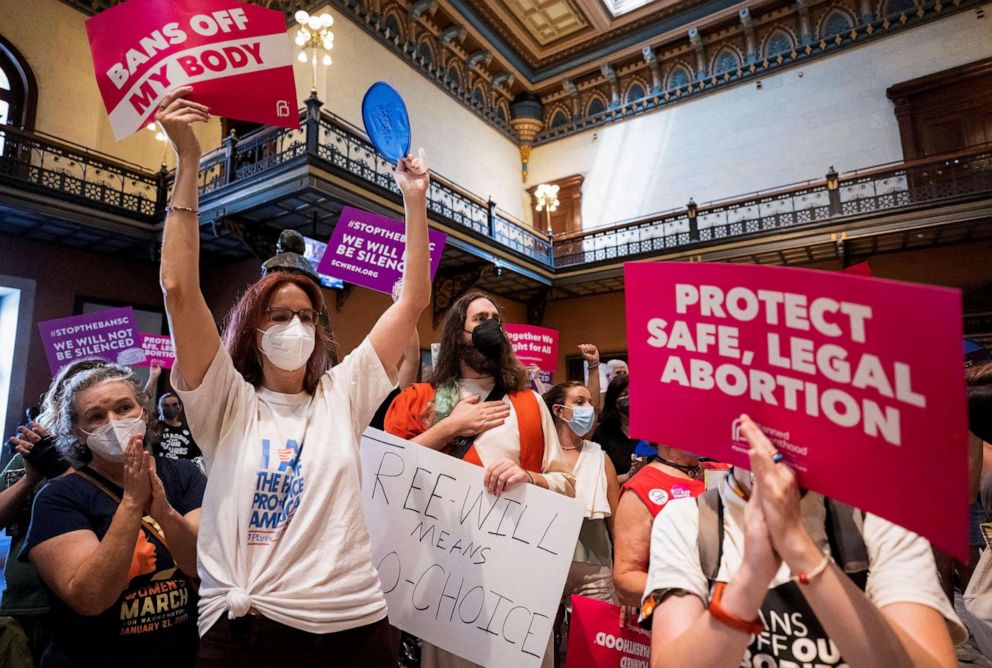 PHOTO: In this Aug. 30, 2022, file photo, protesters gather inside the South Carolina House as members debate a new near-total ban on abortion with no exceptions for pregnancies caused by rape or incest at the state legislature, in Columbia, S.C.