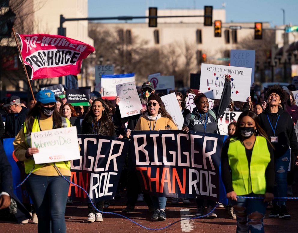 PHOTO: In this Feb. 11, 2023, file photo, people march through downtown Amarillo to protest a lawsuit to ban the abortion drug mifepristone, in Amarillo, Texas.