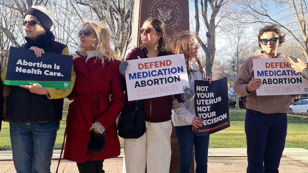 PHOTO: In this March 15, 2023, file photo, abortion rights advocates gather in front of the J Marvin Jones Federal Building and Courthouse in Amarillo, Texas.