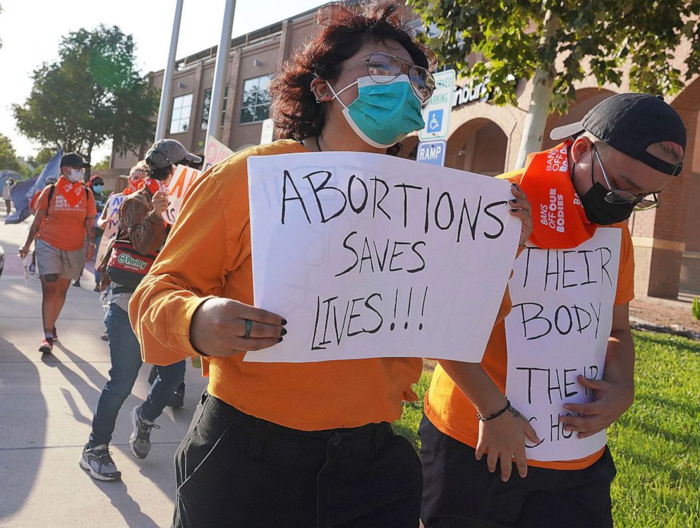 PHOTO: Abortion rights supporters gather to protest Texas SB8 in front of Edinburg City Hall on Wednesday, Sept. 1, 2021, in Edinburg, Texas.