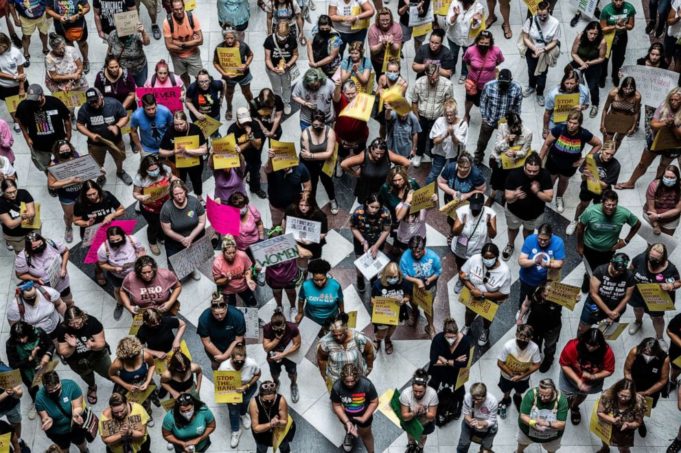 PHOTO: A crowd of anti-abortion and abortion rights protesters are seen in the Indiana State Capitol building on July 25, 2022 in Indianapolis.