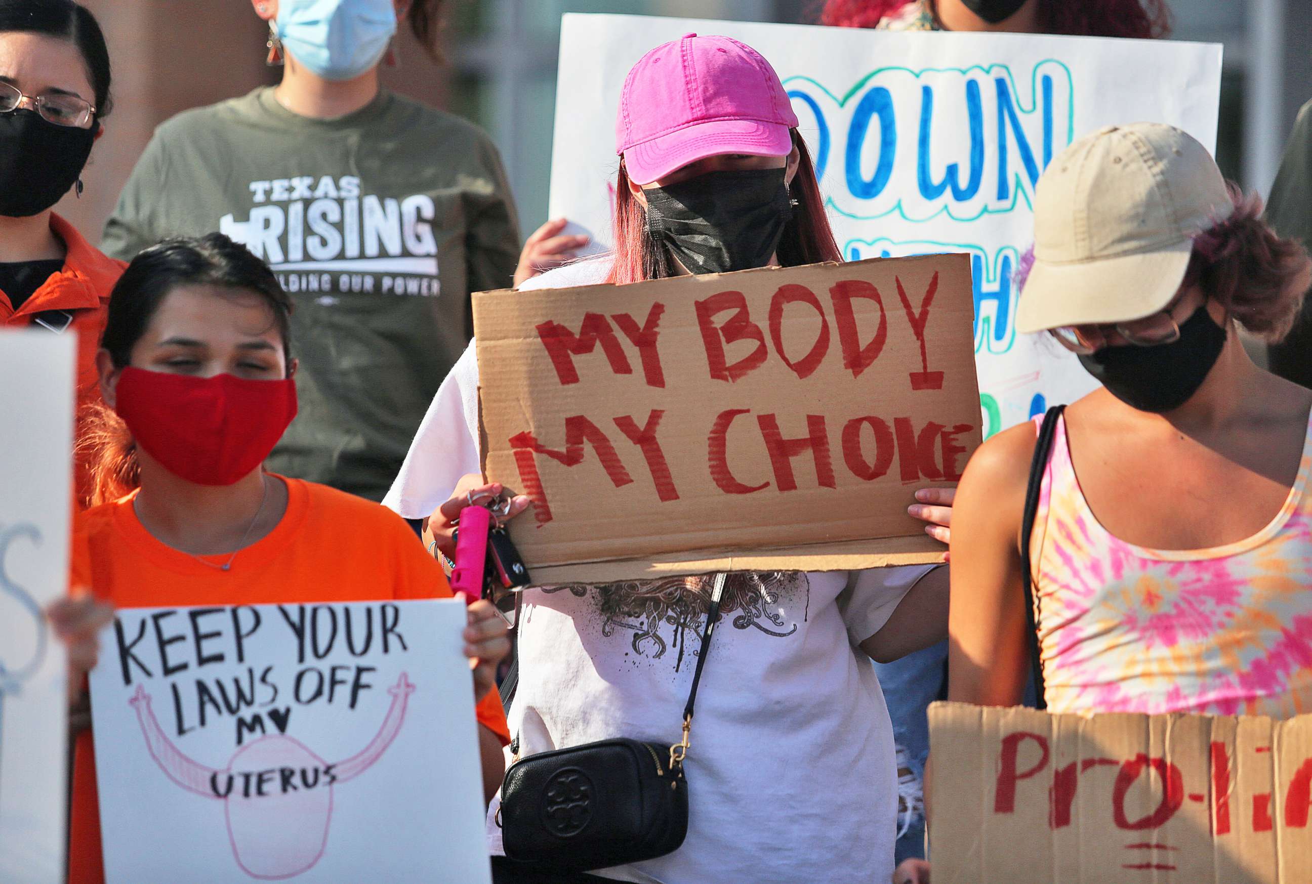 PHOTO: Abortion rights supporters gather to protest Texas SB 8 in front of Edinburg City Hall on Wednesday, Sept. 1, 2021, in Edinburg, Texas.