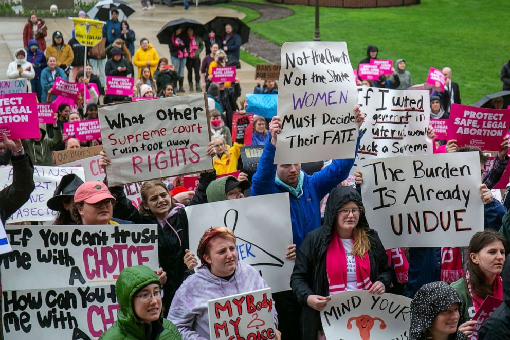 PHOTO: Protesters gather at the steps of the Michigan State Capitol building in Lansing, Mich., May 3, 2022, during a rally organized by Planned Parenthood in response to the news that the U.S. Supreme Court could be poised to overturn Roe v. Wade.