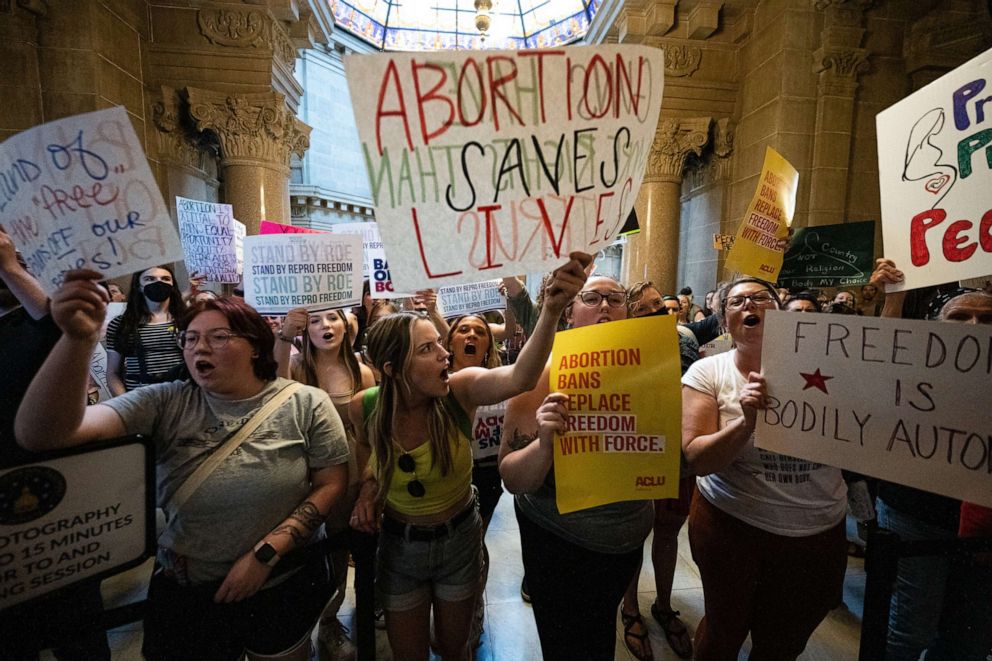 PHOTO: Abortion rights protesters shout into the Senate chamber in the Indiana State Capitol building, July 25, 2022, in Indianapolis.