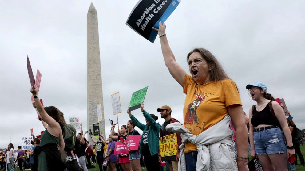 PHOTO: Abortion rights protesters participate in nationwide demonstrations following the leaked Supreme Court opinion suggesting the possibility of overturning the Roe v. Wade abortion rights decision, in Washington, May 14, 2022.