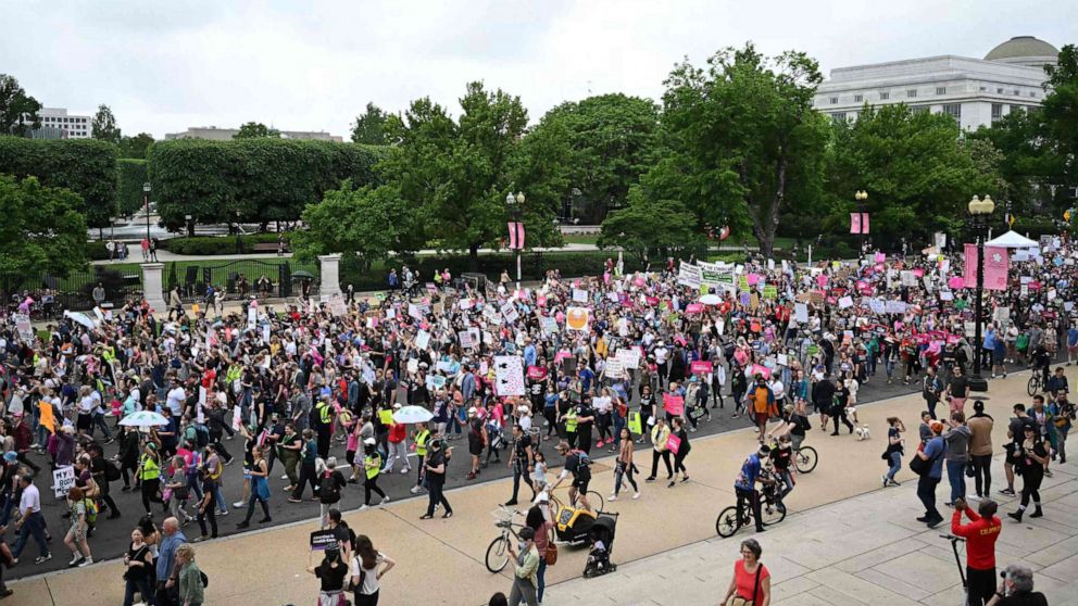 PHOTO: Activists take part in the The Bans Off Our Bodies march for abortion access in Washington, DC on May 14, 2022.