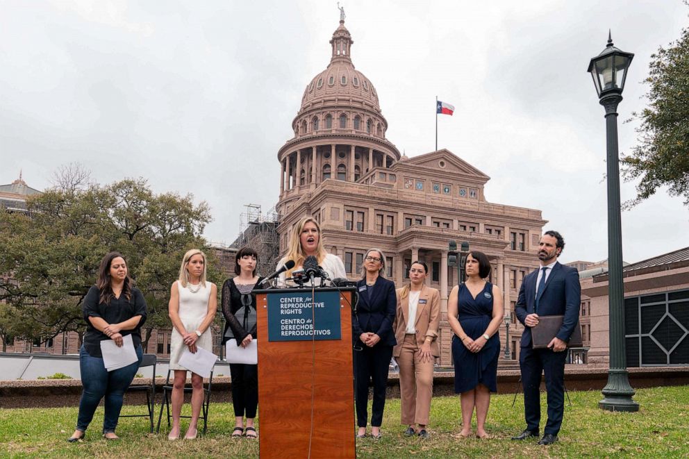 PHOTO: Lauren Miller, a plaintiff in the case, speaks on the lawn of the Texas State Capitol, March 7, 2023, in Austin, Texas.