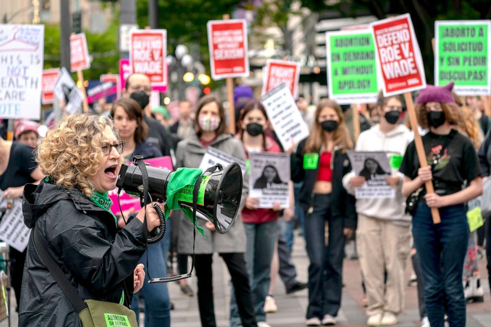 PHOTO: Demonstrators gather during a rally in support of abortion rights on May 3, 2022 in Seattle, Washington.