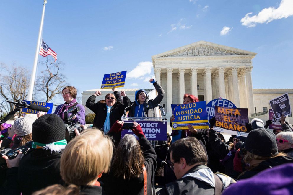 PHOTO: Members of the National Latina Institute for Reproductive Justice held a rally outside the Supreme Court in June 2016 for Whole Woman's Health v. Hellersted.