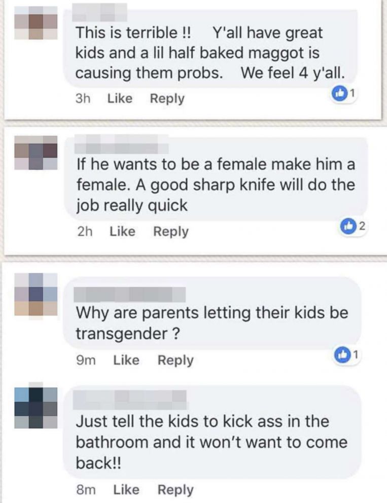 PHOTO: A screen grab from Facebook shows disparaging comments posted about a transgender seventh-grader attending a school in Achille, Okla.