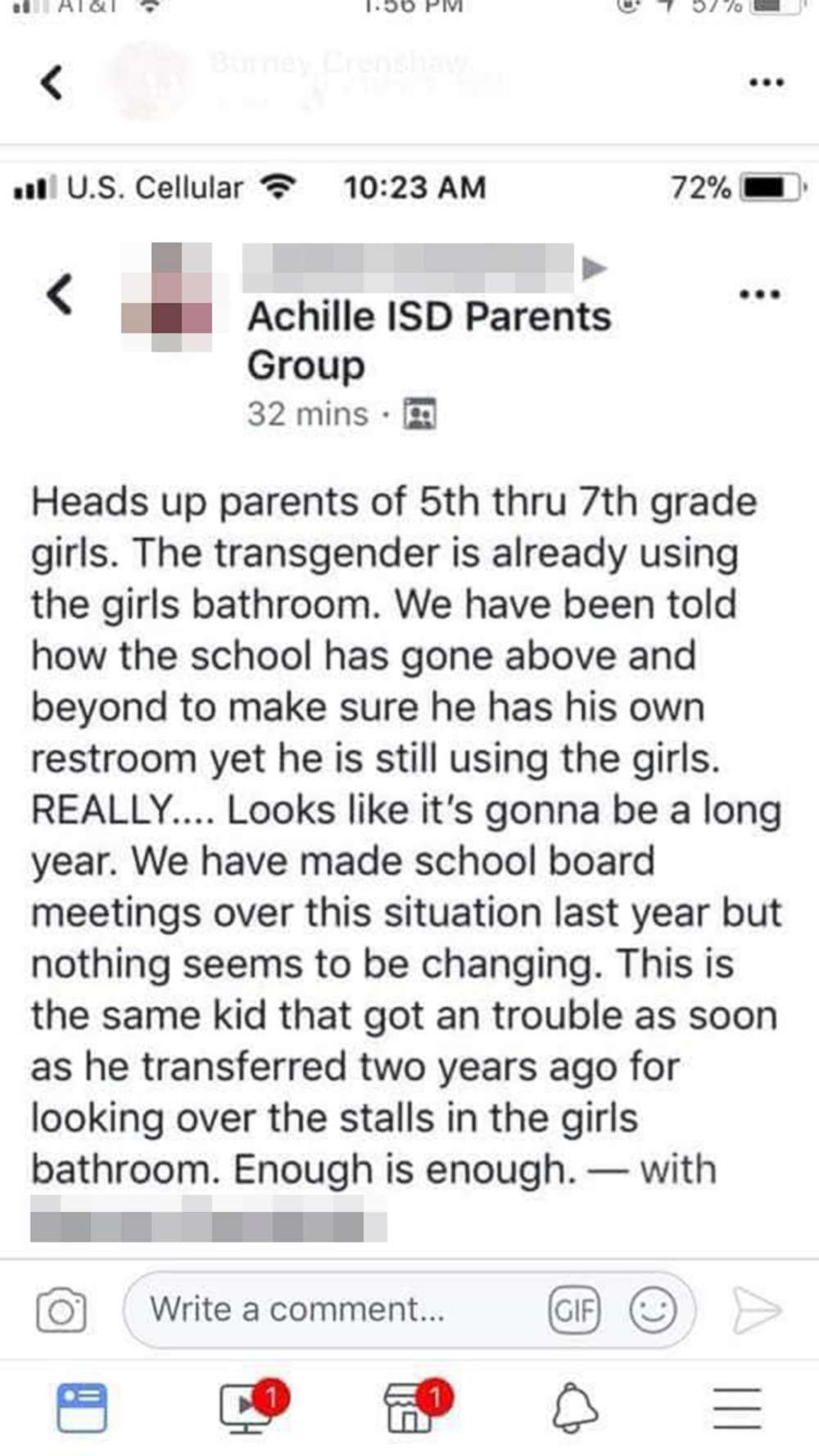 PHOTO: A screen grab from Facebook shows disparaging comments posted about a transgender seventh-grader attending a school in Achille, Okla.
