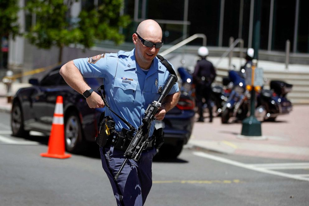 PHOTO: Law enforcement officers arrive near the scene of an active shooter, May 3, 2023 in Atlanta.