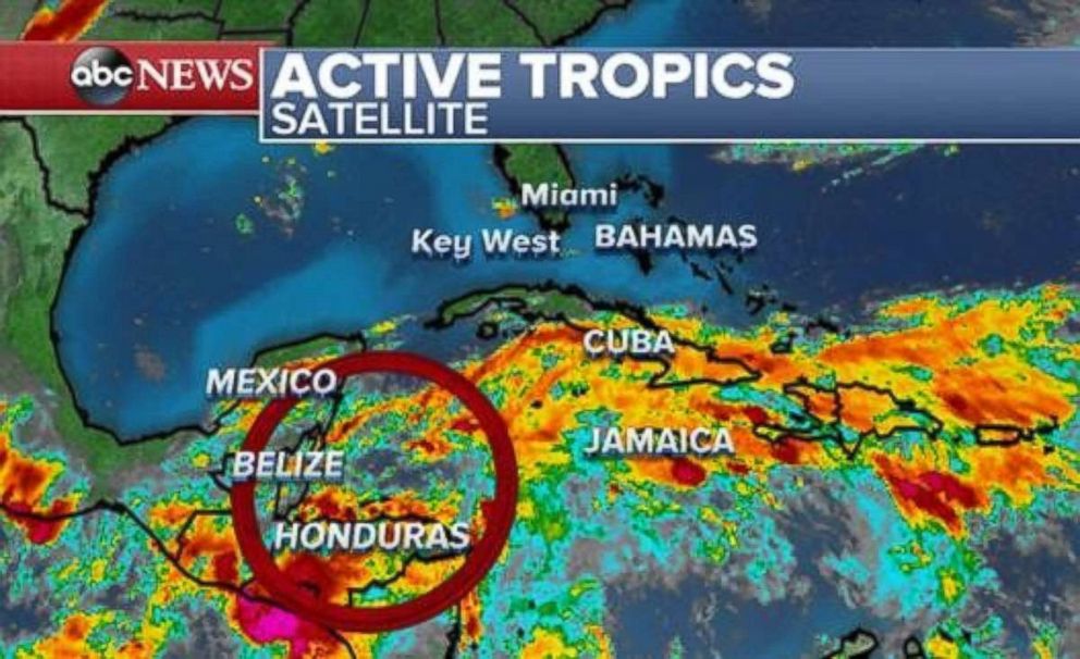 PHOTO: Thunderstorms near Honduras on Saturday morning could form into a tropical depression.