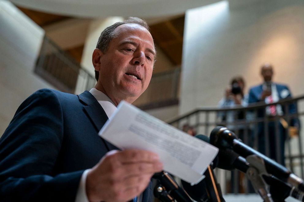 PHOTO: House Intelligence Committee Chairman Adam Schiff speaks to reporters after the panel met behind closed doors with national intelligence inspector general Michael Atkinson at the Capitol in Washington, D.C., Sept. 19, 2019.