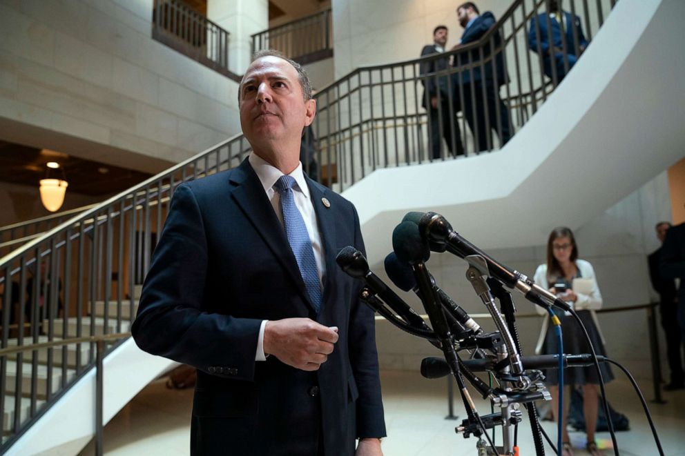 PHOTO: House Intelligence Committee Chairman Adam Schiff speaks to reporters after the panel met behind closed doors with national intelligence inspector general Michael Atkinson at the Capitol in Washington, D.C., Sept. 19, 2019.