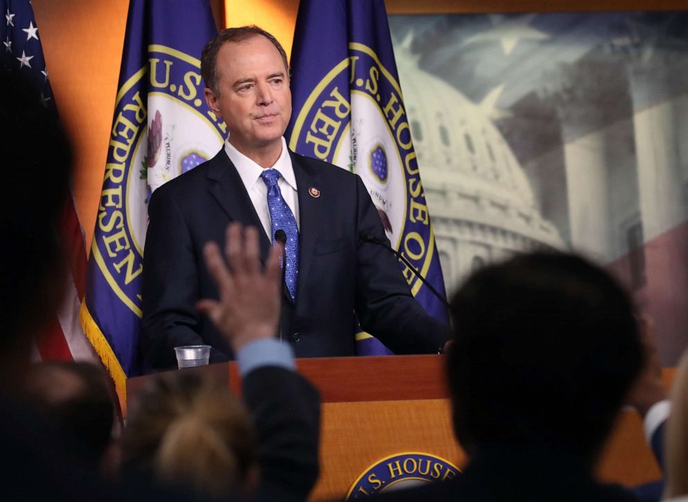 PHOTO: Rep. Adam Schiff speaks to the media one day after House Speaker Nancy Pelosi announced that Democrats will start an impeachment injury of U.S. President Donald Trump, Sept. 25, 2019, in Washington, DC.