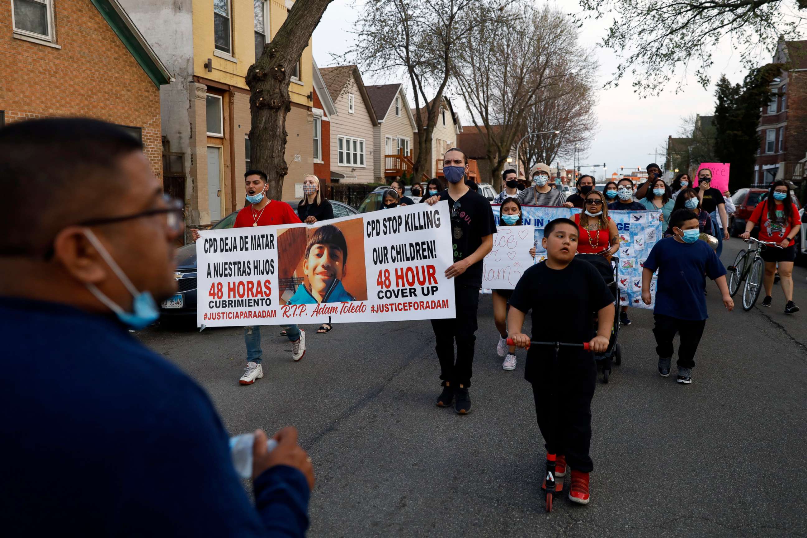 PHOTO: Members of Chicago's Little Village Community Council march on April 6, 2021, to protest against the death of 13-year-old Adam Toledo, who was shot by a Chicago Police officer at about 2 a.m. on March 29.
