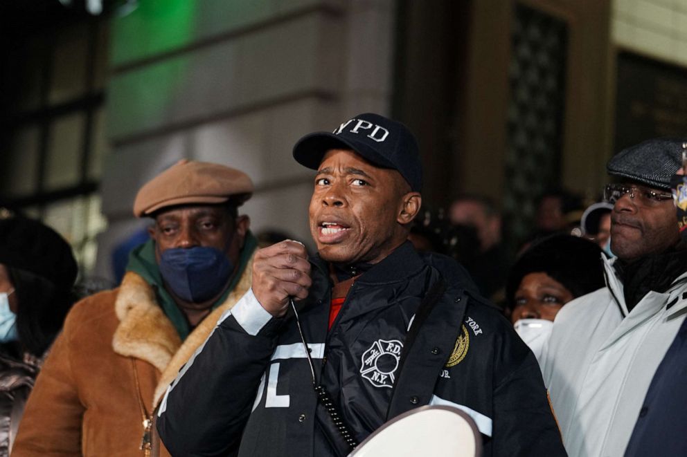 PHOTO: New York Mayor Eric Adams speaks during a vigil following the shooting of two police officers in Harlem, N.Y., Jan. 22, 2022.
