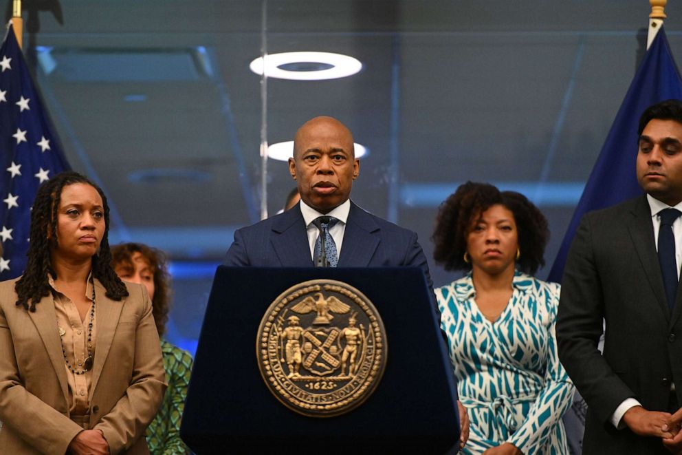 PHOTO: Mayor Eric Adams holds a briefing to discuss New York City's air quality from smoke coming from wildfires in Canada at the Office of Emergency Management, June 7, 2023, in New York.