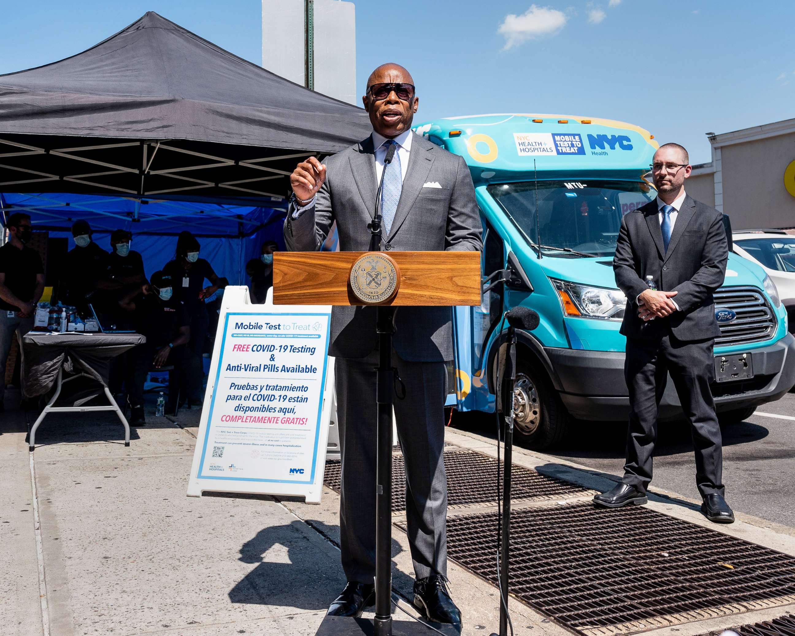 PHOTO: New York City Mayor Eric Adams speaks at a press conference about New York City's new mobile COVID-19 "Test To Treat" program, June 30, 2022, in New York.