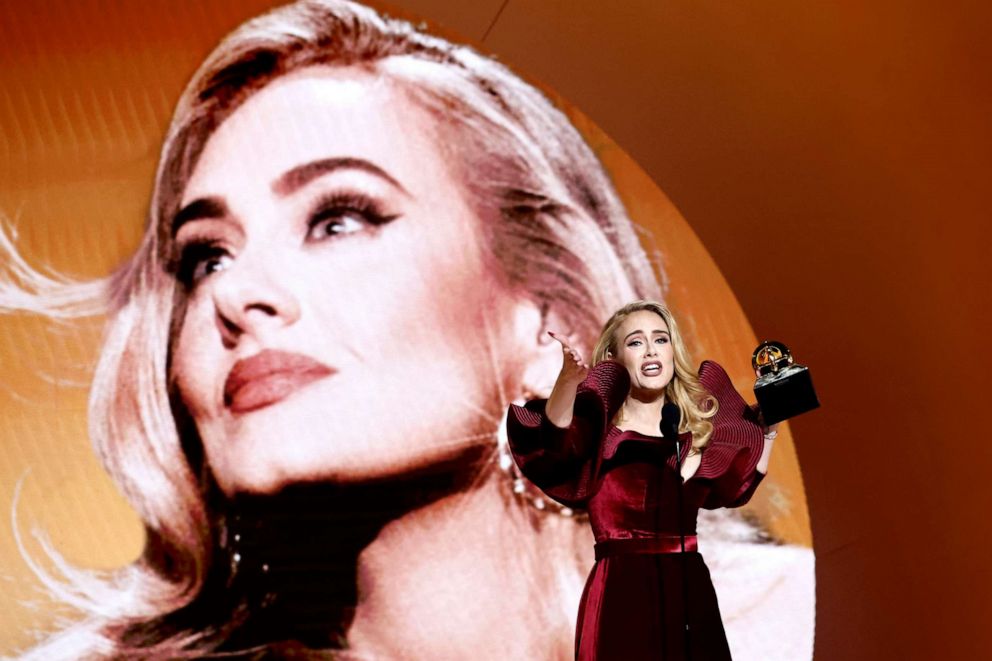 PHOTO: Adele accepts the Best Pop Solo Performance award for "Easy On Me"during the 65th GRAMMY Awards, Feb. 5, 2023, in Los Angeles.
