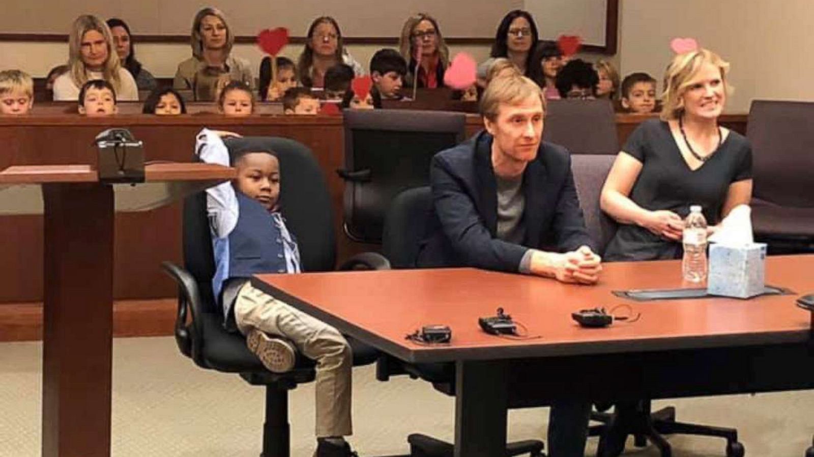 PHOTO: Michael Clark Jr., from East Grand Rapids, Michigan, was so excited about his adoption day that he invited his entire kindergarten class to his adoption hearing.