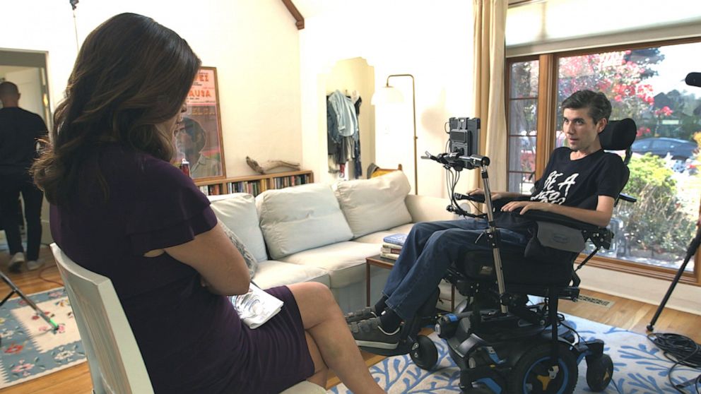 PHOTO: Health care activist Ady Barkan is seen here with "Nightline" co-anchor Juju Chang during an interview for "Nightline."
