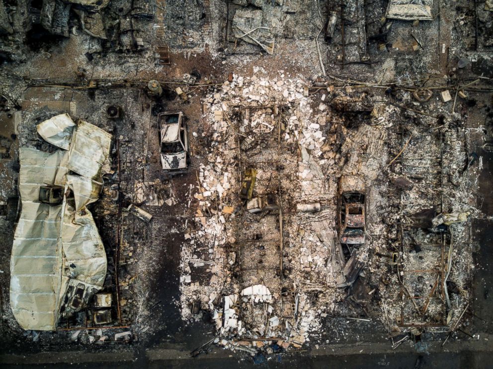 PHOTO: An aerial view of blocks of burned down homes at the Journey's End Mobile Home Park after a wildfire passed through in Santa Rosa, Calif., Oct. 10, 2017.